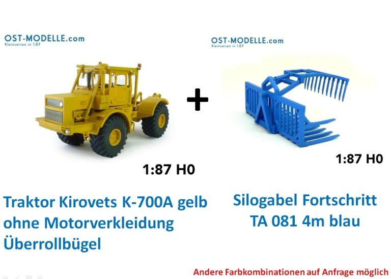 Set Traktor Kirovets K700A gelb ohne Motorverkleidung Überrollbügel + Silozange Fortschritt TA 081 4m blau
